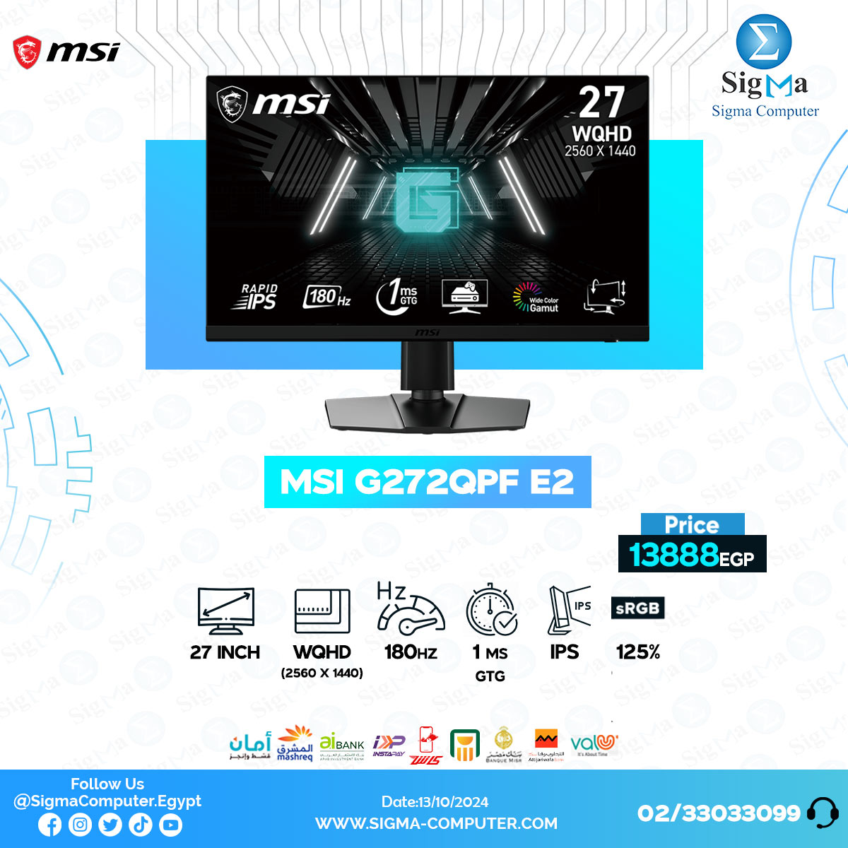 Sigma - MSI G272QPF E2 27-inch 2560 x 1440 QHD Computer Monitor 180Hz ...