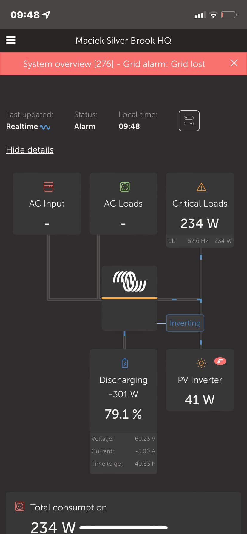 Why does Quattro 10kVA lift frequency to 53 Hz off-grid?