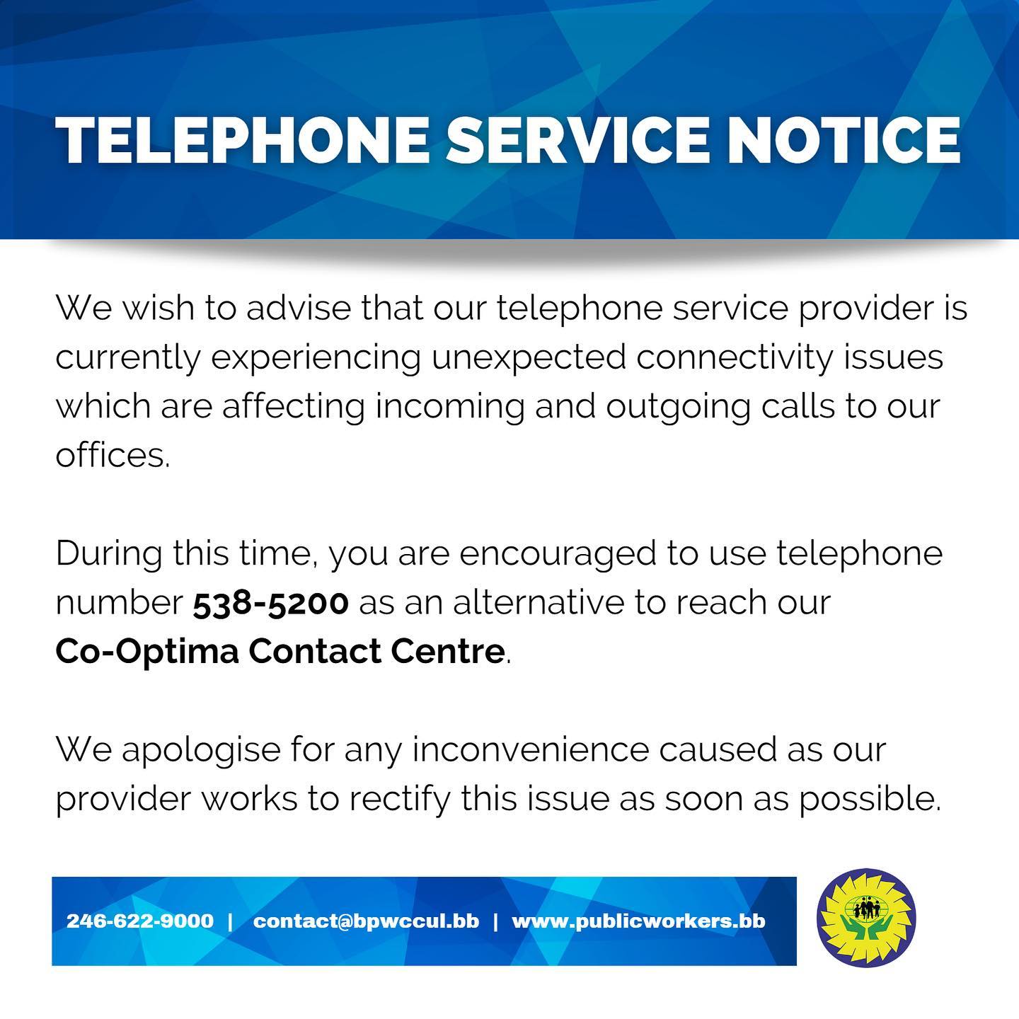 We wish to advise that our telephone service provider is currently ...