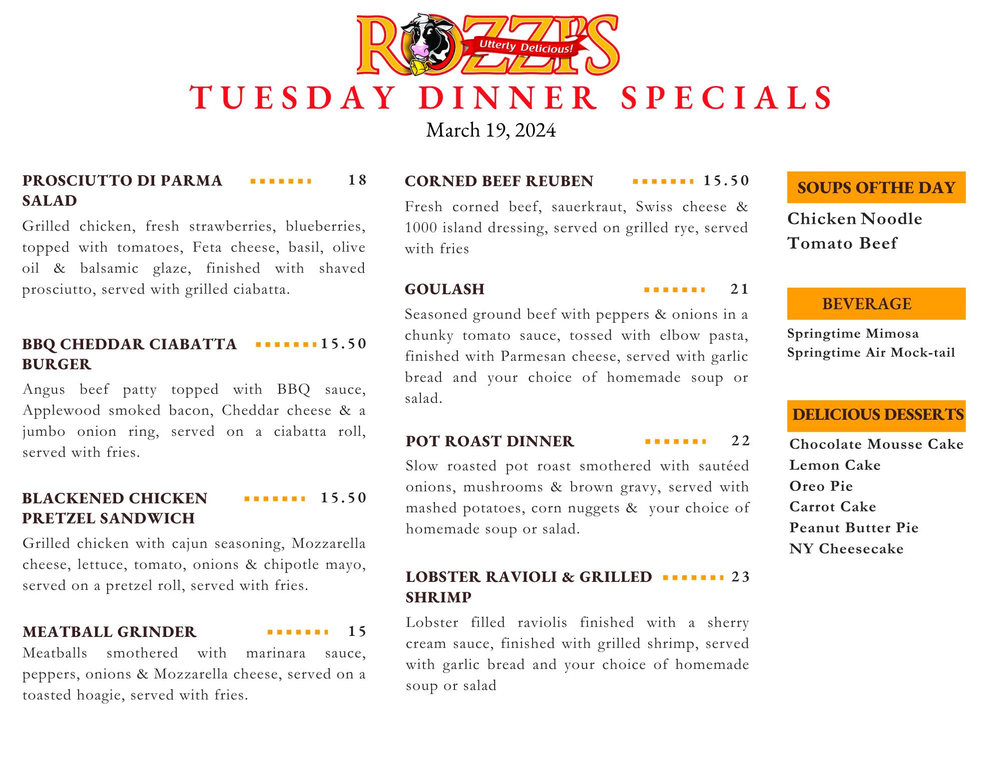 🌟 Tuesday Dinner Specials at Rozzi's... - ROZZI'S RESTAURANT | Facebook