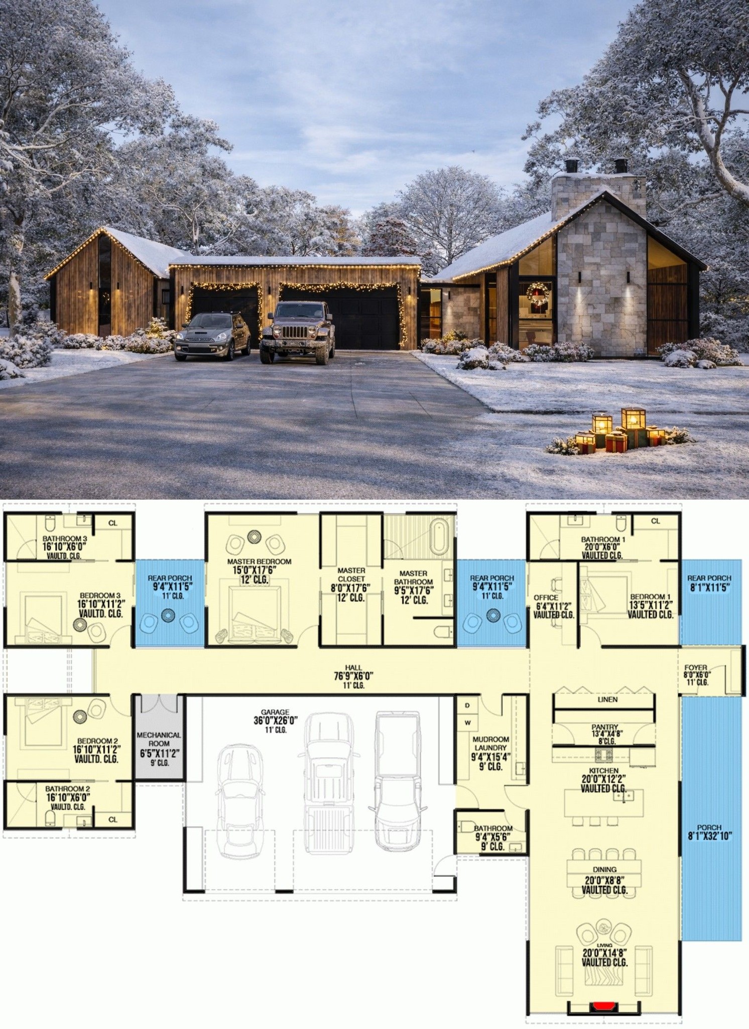 House - Modern 4-Bed 1-Story Exclusive House Plan with 3 Rear Porches ...