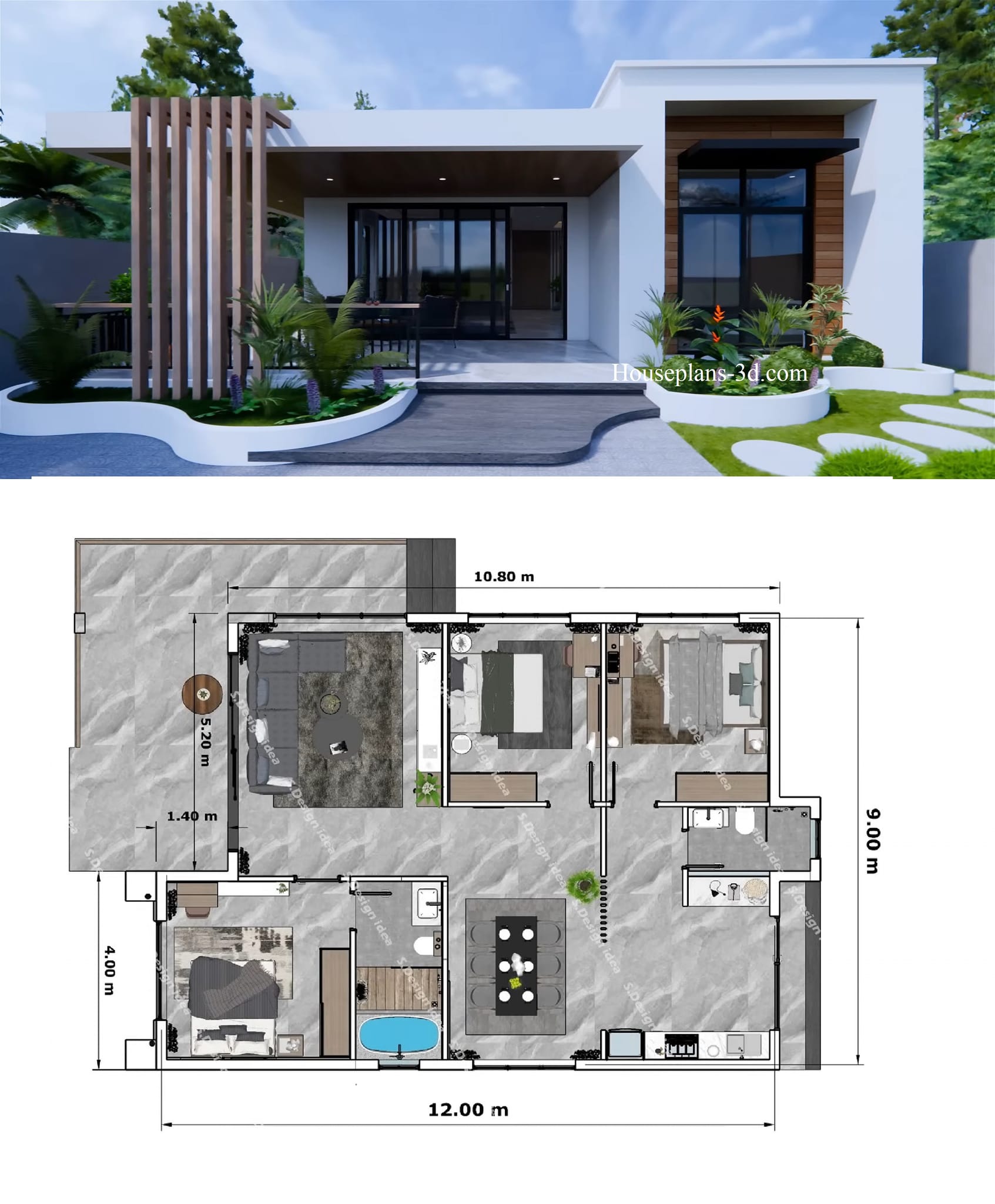 HousePlans 3D - Beautiful House Design Plan 9x12 M 3 Bedroom