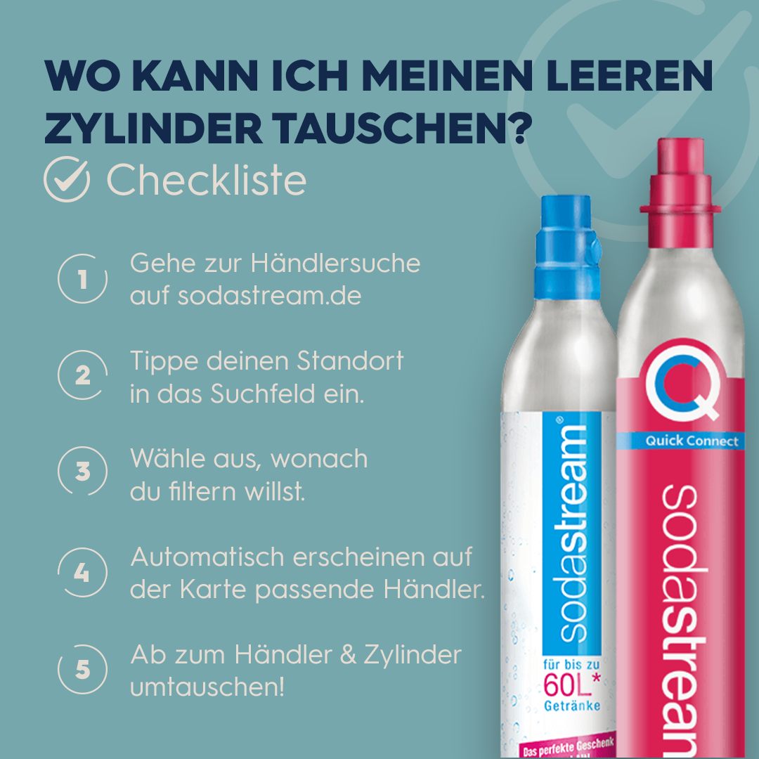 So findest du heraus, wo du deine leeren Zylinder tauschen kannst. 😊 Und für alle, die lieber bestellen: Mit unserem Online-Zylindertausch kannst du dir die CO2-Zylinder bequem nach Hause liefern lass