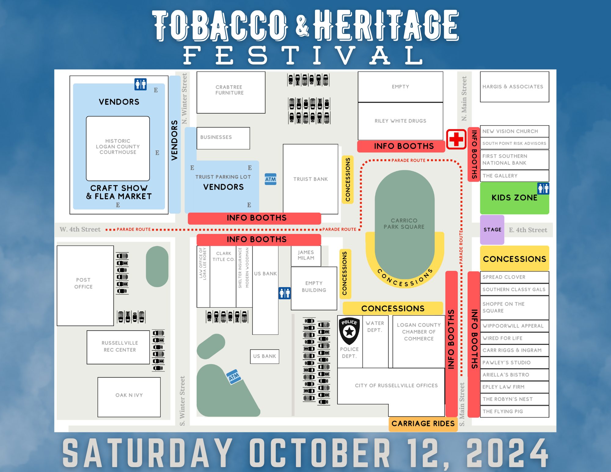 tobacco festival russellville ky 2024 2024 Festival MAPS and VENDORS! 🗺️Whole Festival Map 📍Craft Show & Flea  Market 📍Non-Profit, Information, & Advertising Booths 📍Concessions 🚧  Road Closures & Times