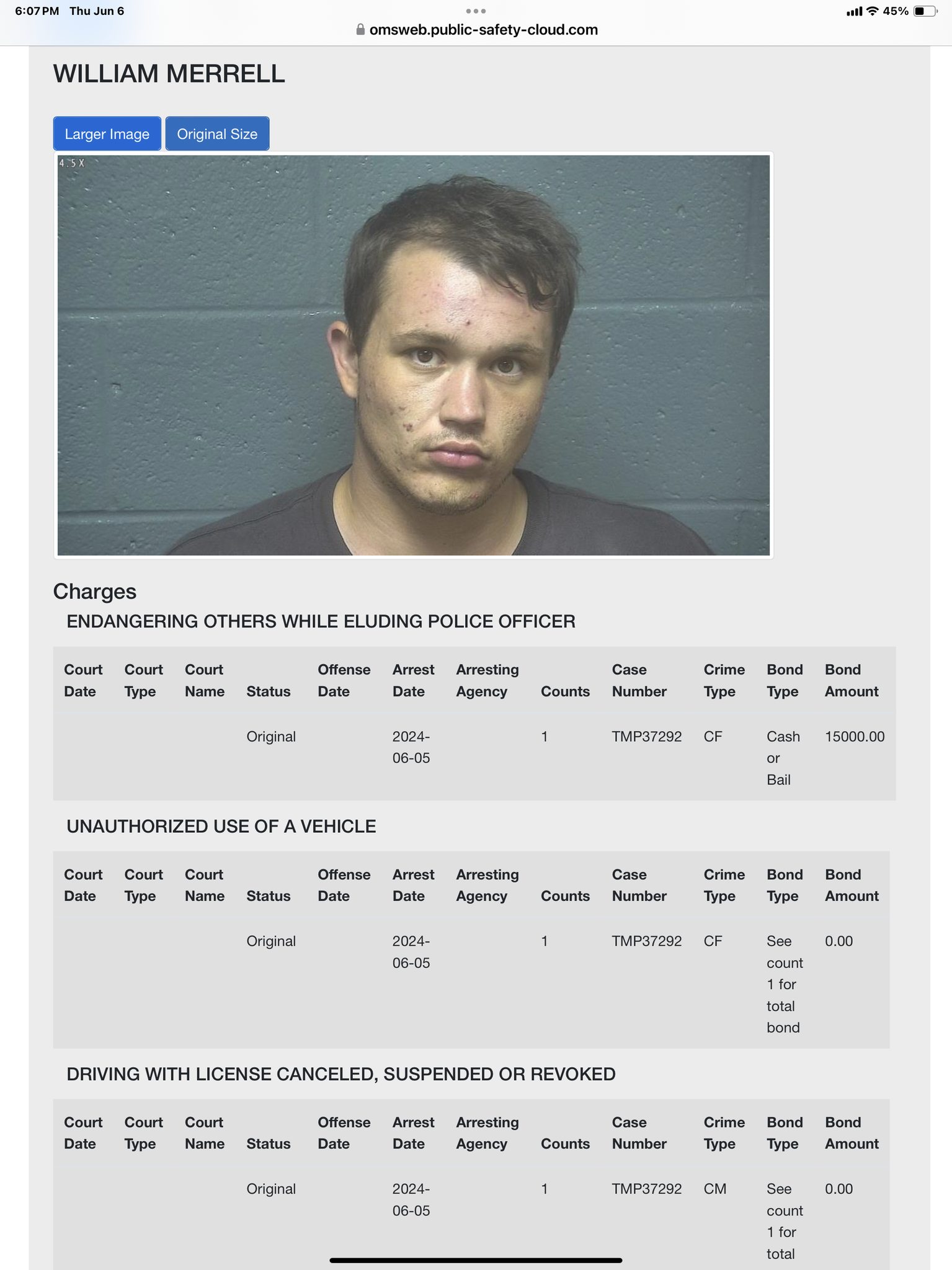 William Merrell DOC records say... - Arrested In Oklahoma