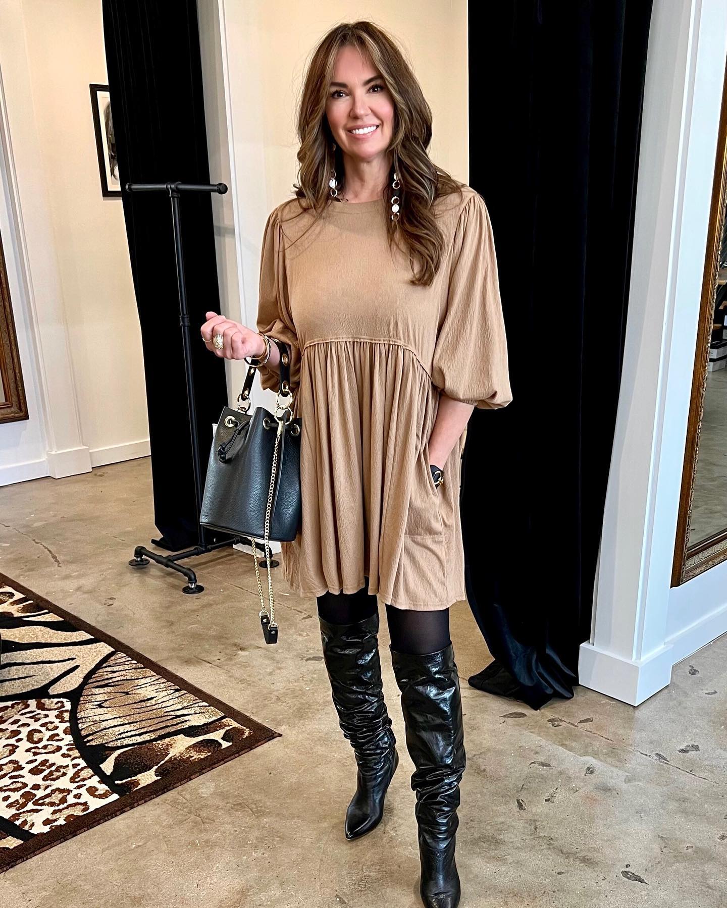 bodycon dress with boots Ashton Off Shoulder Velvet Long Sleeve handmade in California How to style a bodycon