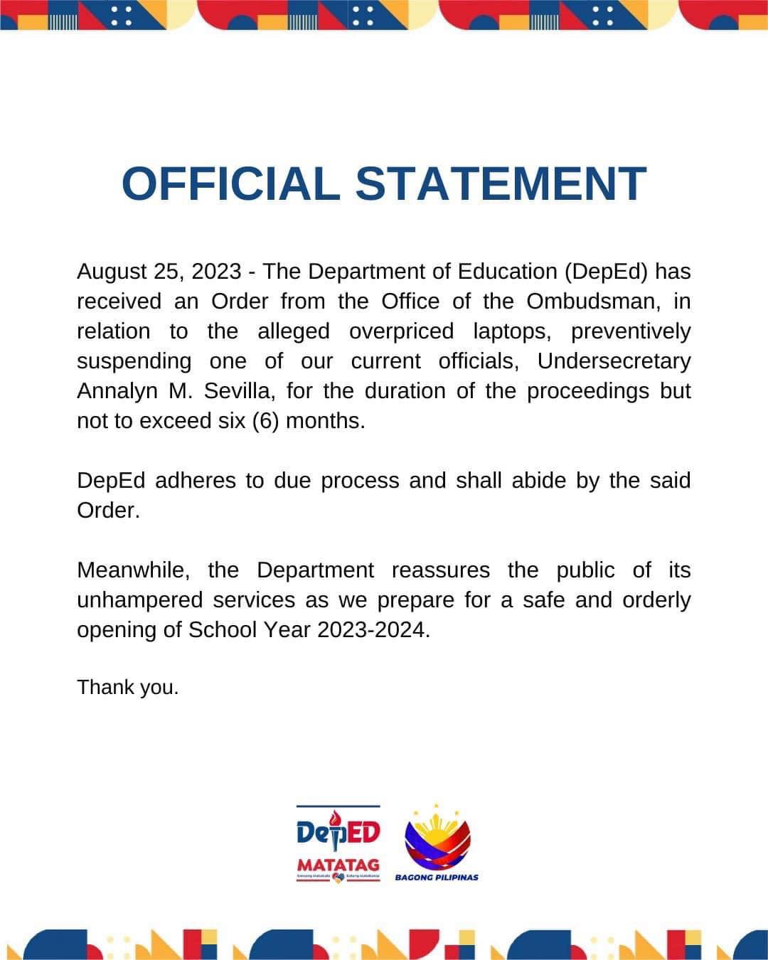 Now You Know - [#DepED] OFFICIAL STATEMENT August 25,... | Facebook