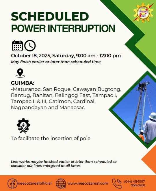 NEECO - NEECO II - AREA 1 SCHEDULED POWER INTERRUPTION Date: October 18 ...