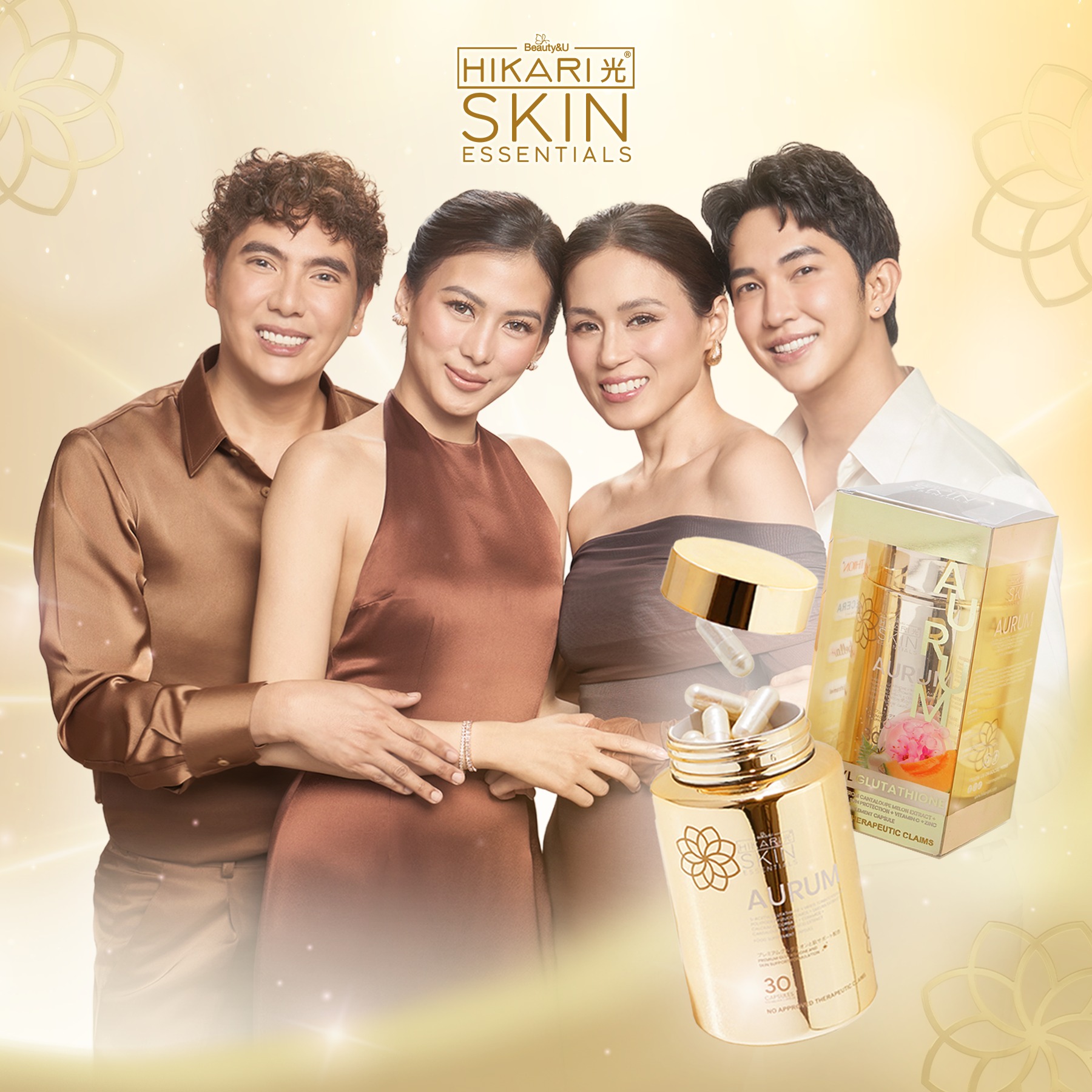 Four energies, one golden vibe. Ready na to shine, in Aurum way! 🌟 #HikariSkinEssentials #HikariGlutathione #NewEraofGlutathione #HikariAurum #HikariXGonzaga