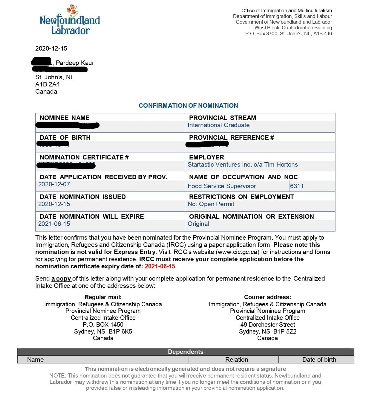 E2C - INTERNATIONAL GRADUATE-PROVINCIAL NOMINEE CONFIRMATION OF PARDEEP ...