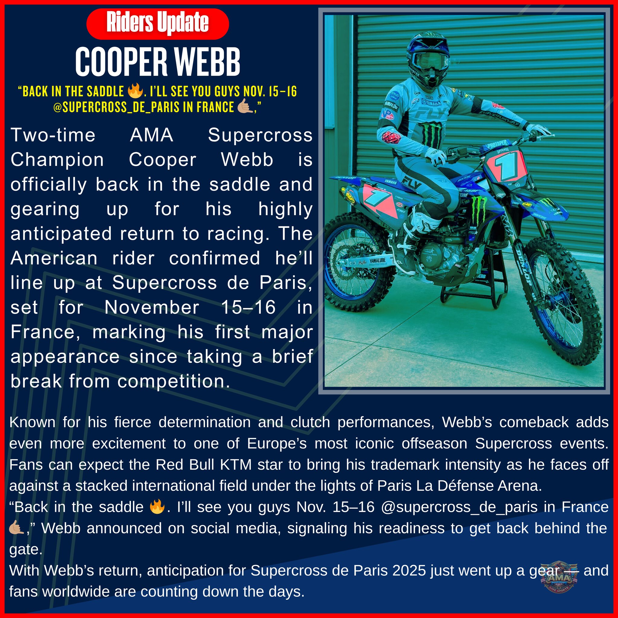 Riders Update 🔥 Cooper Webb... - AMA Supercross Live Update | Facebook