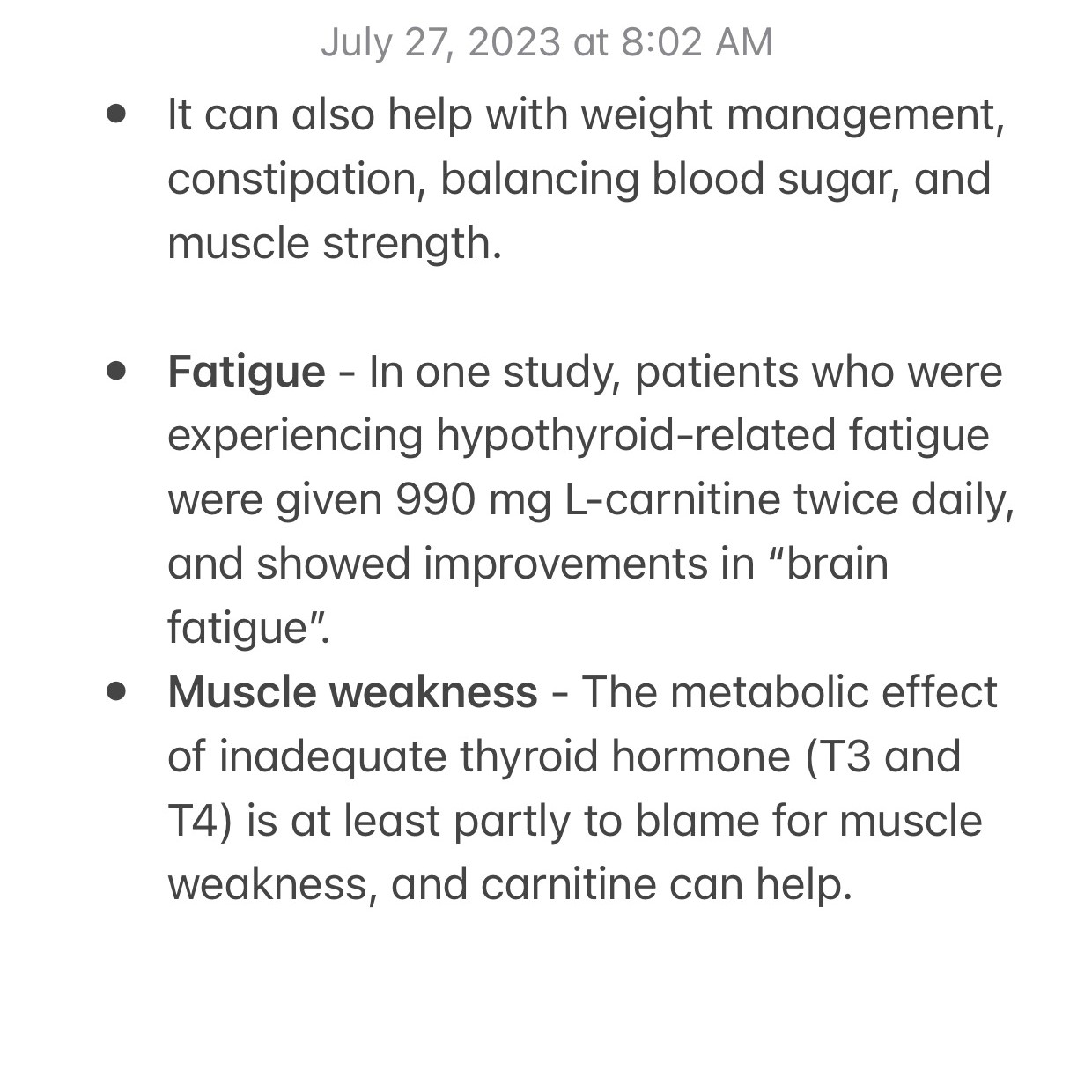 A randomized, double-blind, placebo-controlled trial published in Endocrine Journal (2016) evaluated the effects of L-carnitine supplementation (990 mg twice daily for 12 weeks) in hypothyroid patients who continued to experience symptoms despite