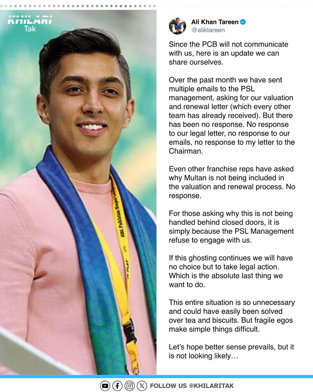 Khilari - 🔥 ALI TAREEN SHARES BIG UPDATE ABOUT MULTAN SULTANS AND PCB 🔥 ...