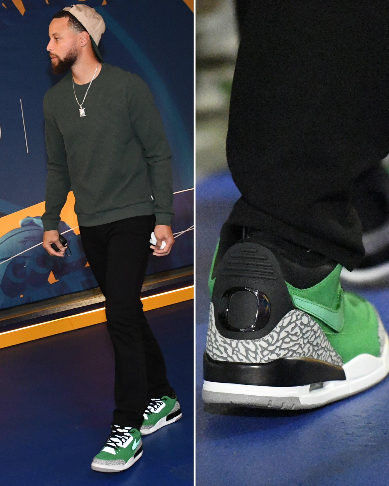 Steph arrived arrives wearing the “Mocha” Travis Scott x Air