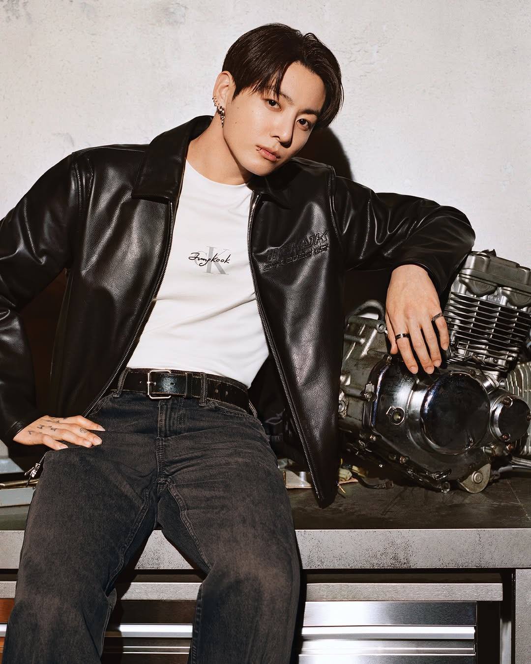 The rider look. Jung Kook wears the 90s Trucker and 90s Straight
