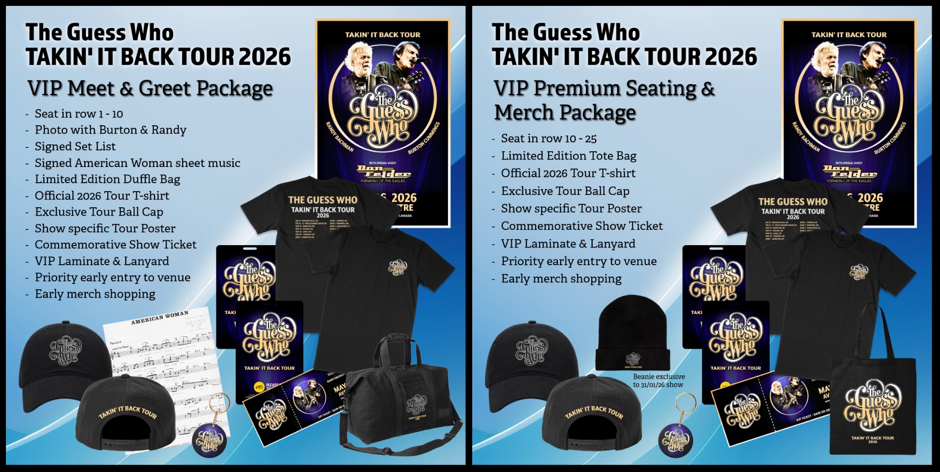 VIP Packages for the upcoming Guess Who 2026 tour