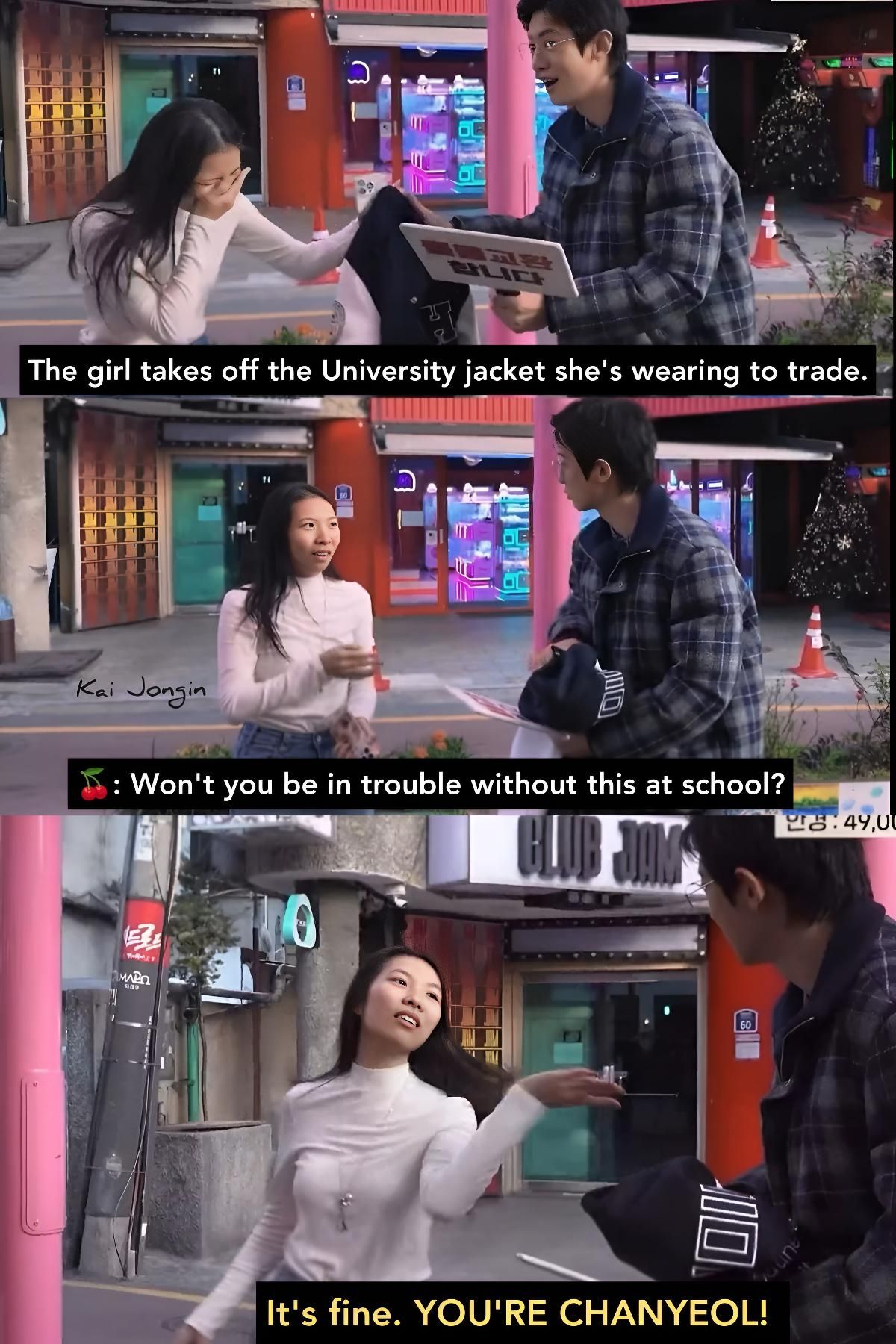 Kai - EXACTLY! HE IS CHANYEOL. ️ The girl traded her university jacket ...