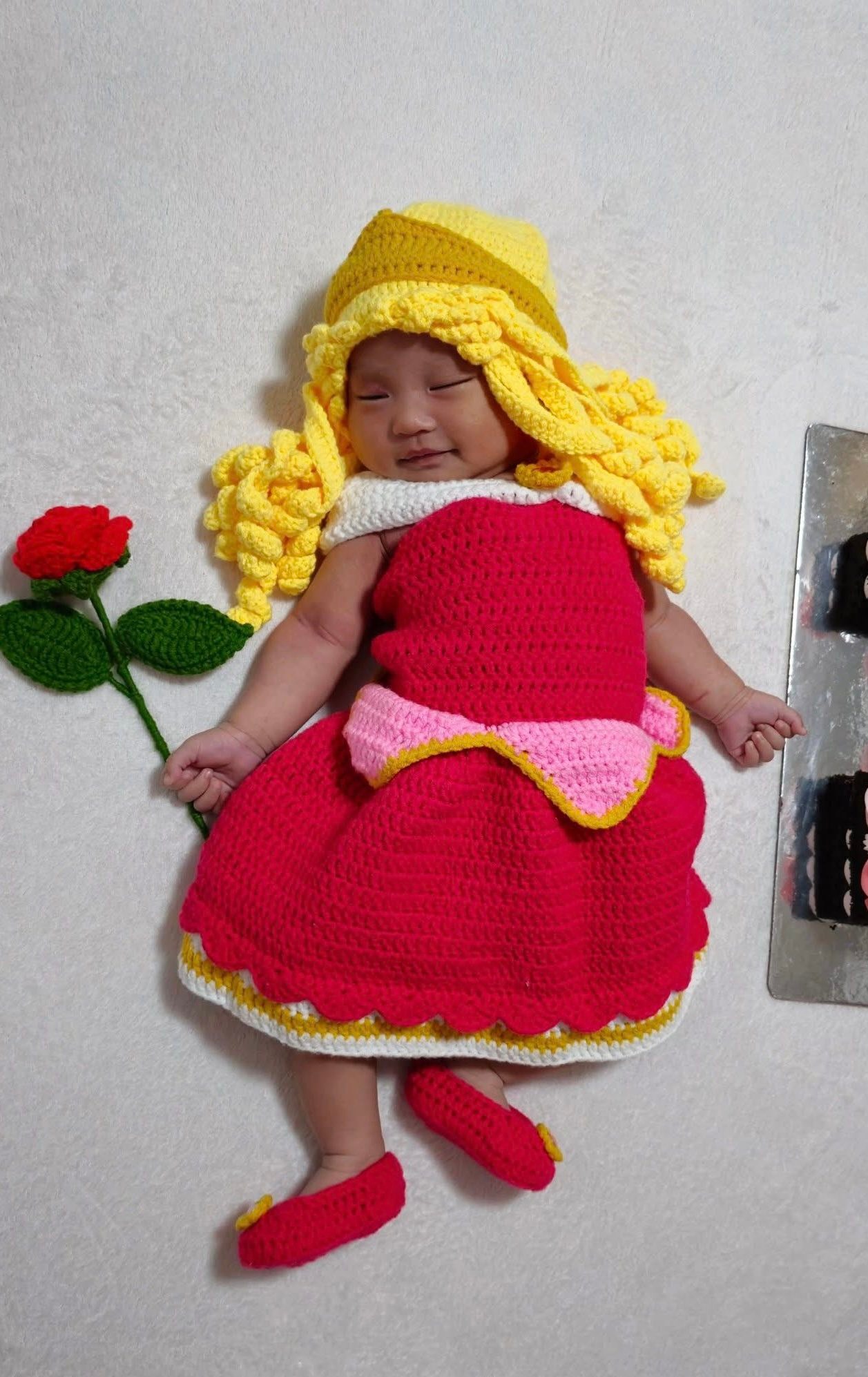 crochet aurora dress costume for baby for rent princess of Sleeping Beauty Disney Princess Monthlymilestone #crochetbabymilestone #monthlymilestone #disneyprincess 6 Months 6 Retail Price:220.00 Size:11-12Y ASTR the Label Lace Yellow crochet