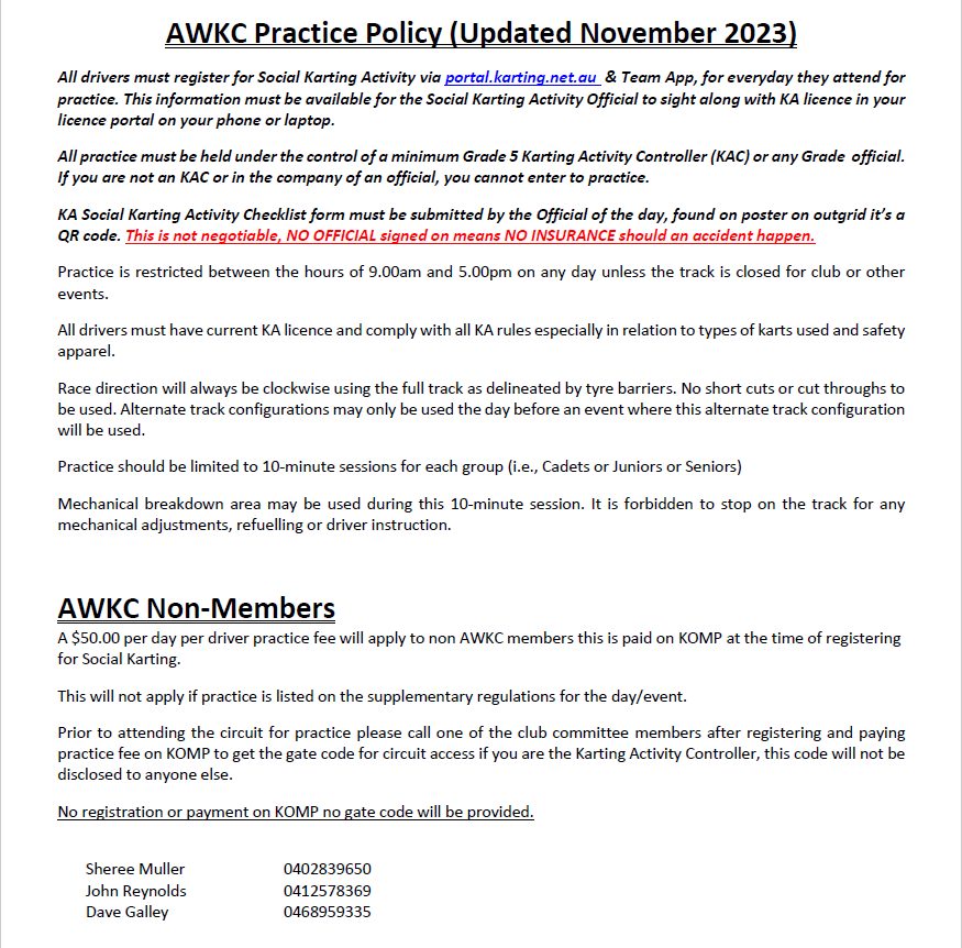 Updated Practice Policy at AWKC... - Albury Wodonga Kart Club | Facebook