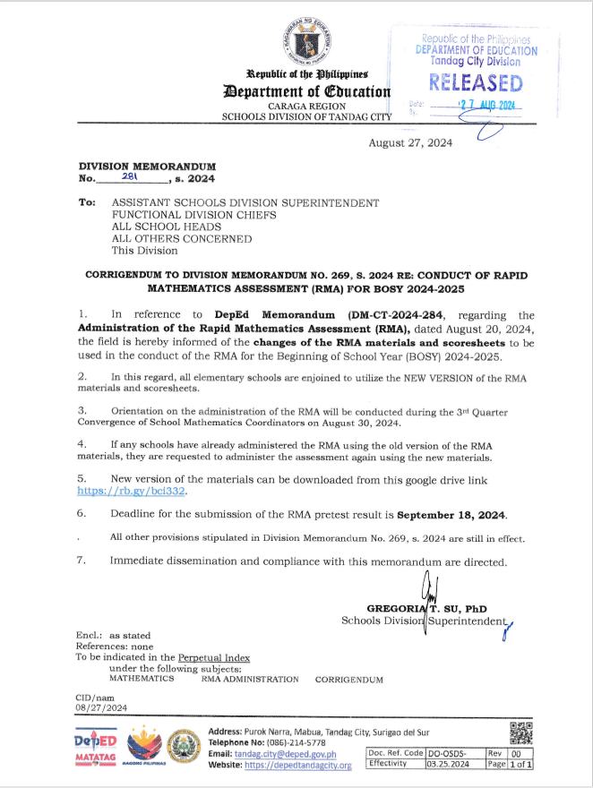 DepEd - Division Memorandum 281, s. 2024 - CORRIGENDUM TO DIVISION ...