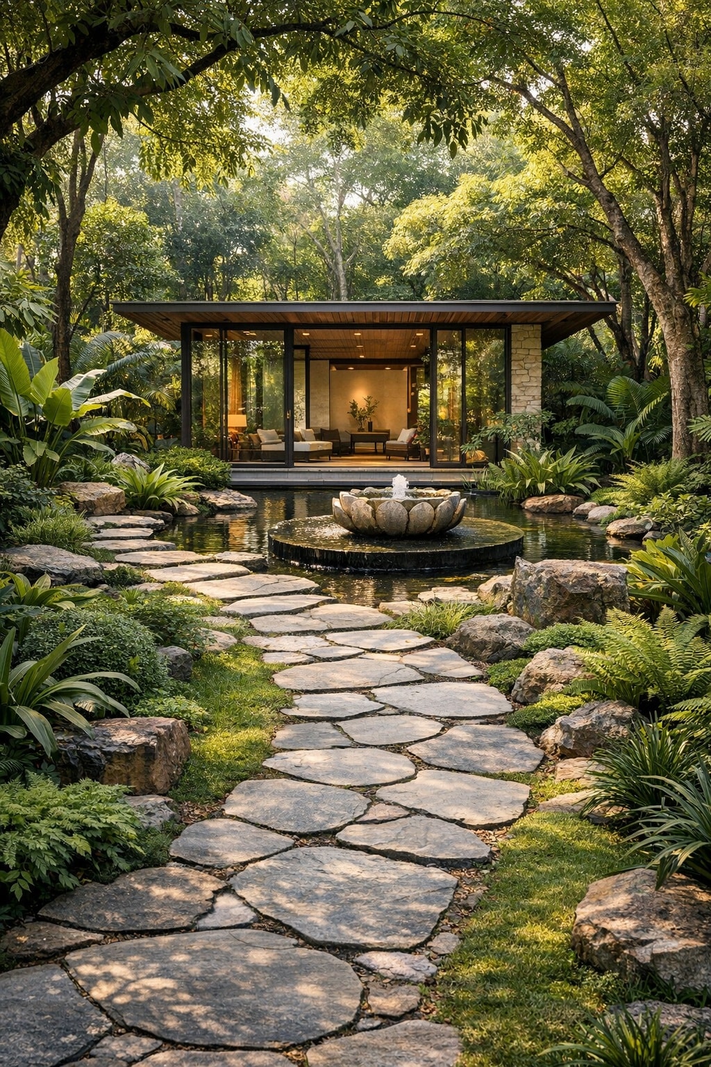 G_viral - serene garden scene unfolds along a gently curving stone ...