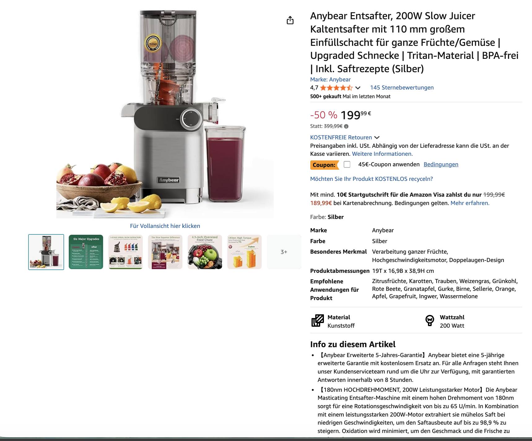Anybear Entsafter, 200W Slow Juicer Kaltentsafter mit 110 mm großem Einfüllschacht für Pirαtе-D#еαls ganze Früchte/Gemüse | Upgraded Schnecke | Tritan-Material | BPA-frei