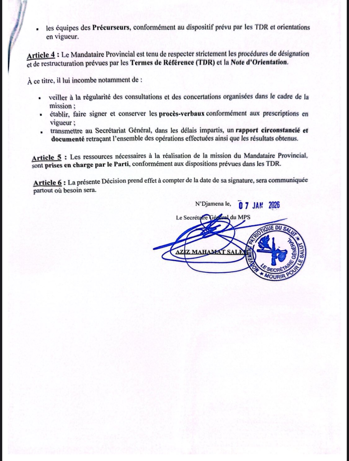 Secrétariat Général du MPS | N'Djamena