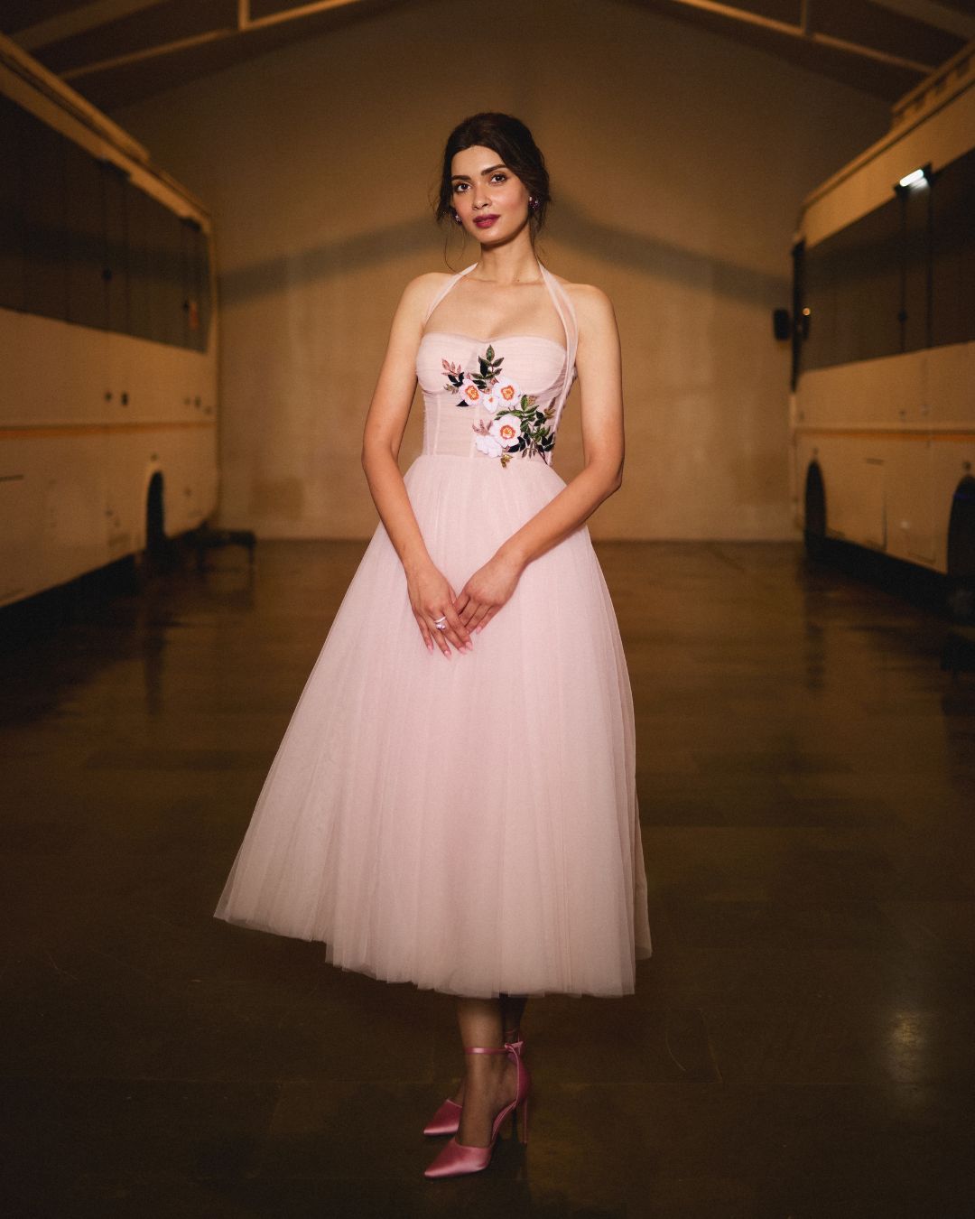 Diana Penty stuns in our Halter neck corsetted midi dress in light pink with delicate botanical thread embroidery. @dianapenty @namitaalexander [Diana Penty, Gauri and Nainika, Party dresses, Red carpet fashion, Runway Lifestyle