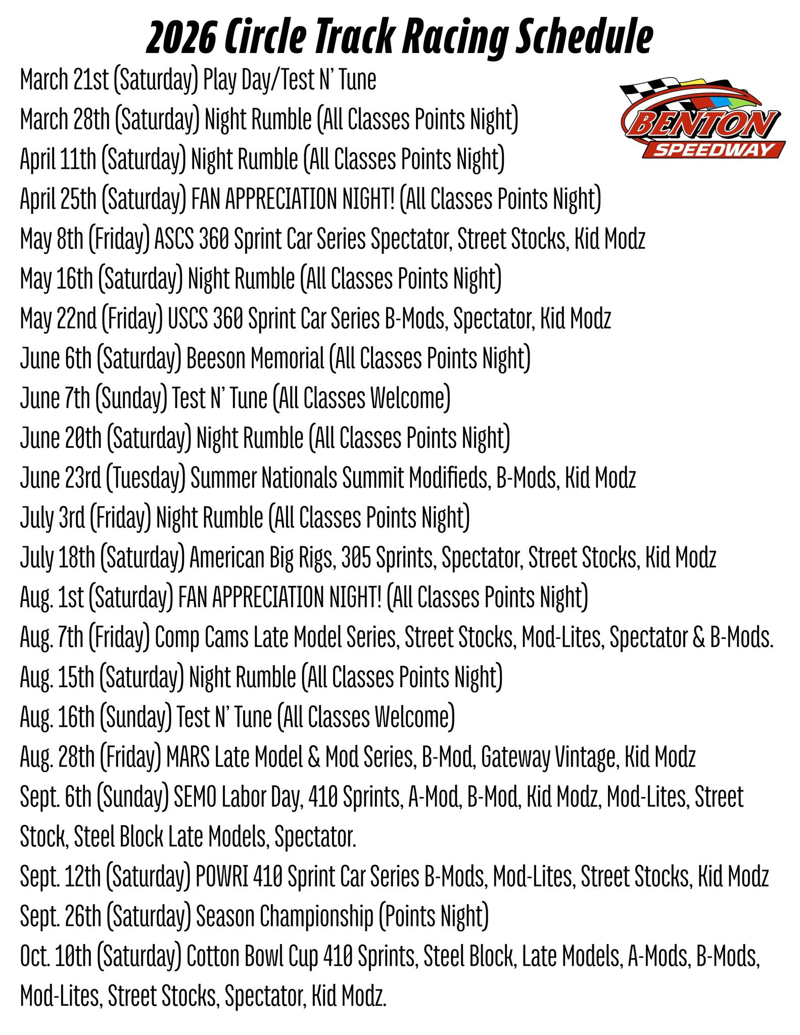Benton Speedway - Please see our UPDATED 2026 Racing... | Facebook