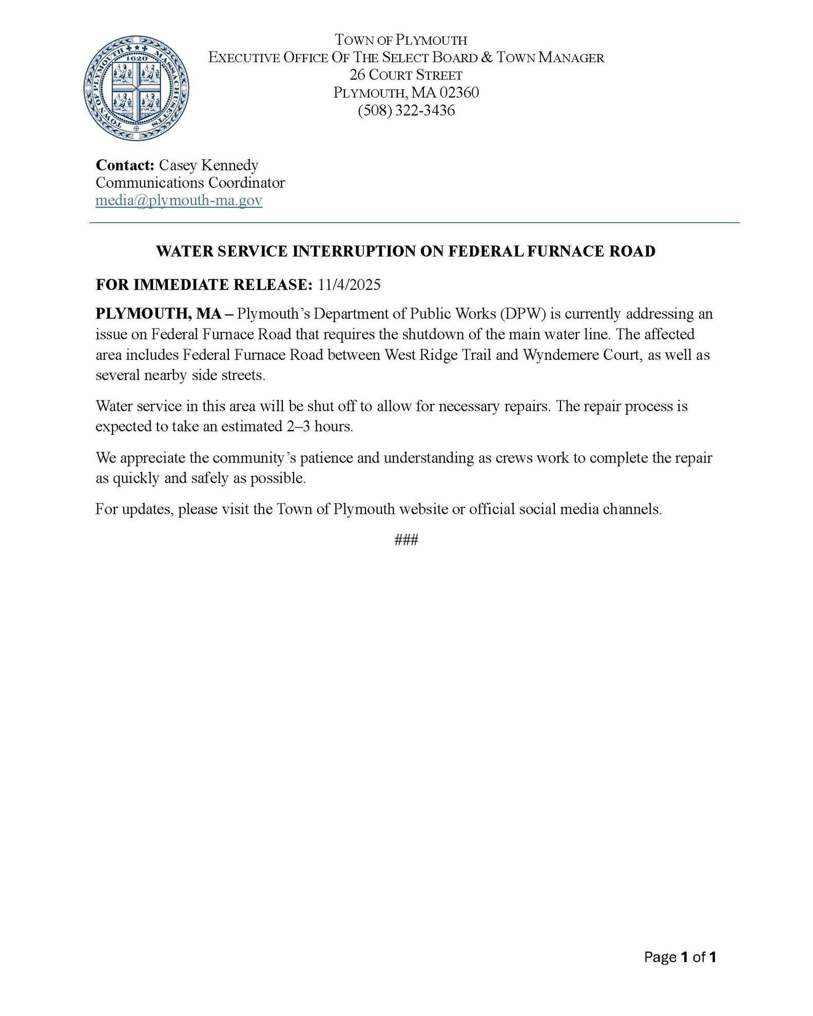 Town - 🚧 Water Service Interruption on Federal Furnace Road 🚧 Plymouth ...