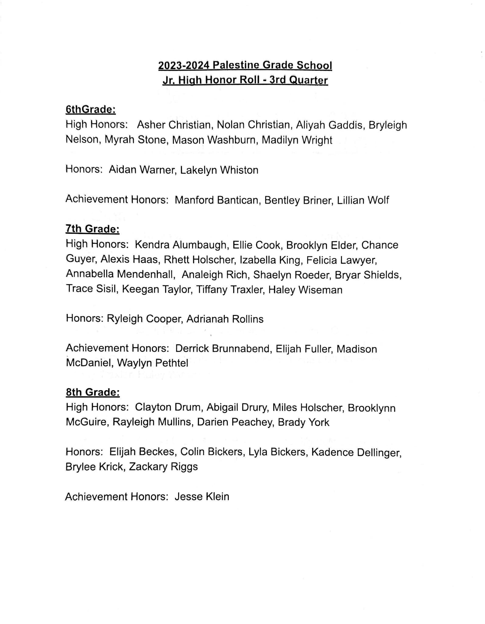 Here it is! 3rd quarter honor... - CUSD #3 Palestine Pioneers