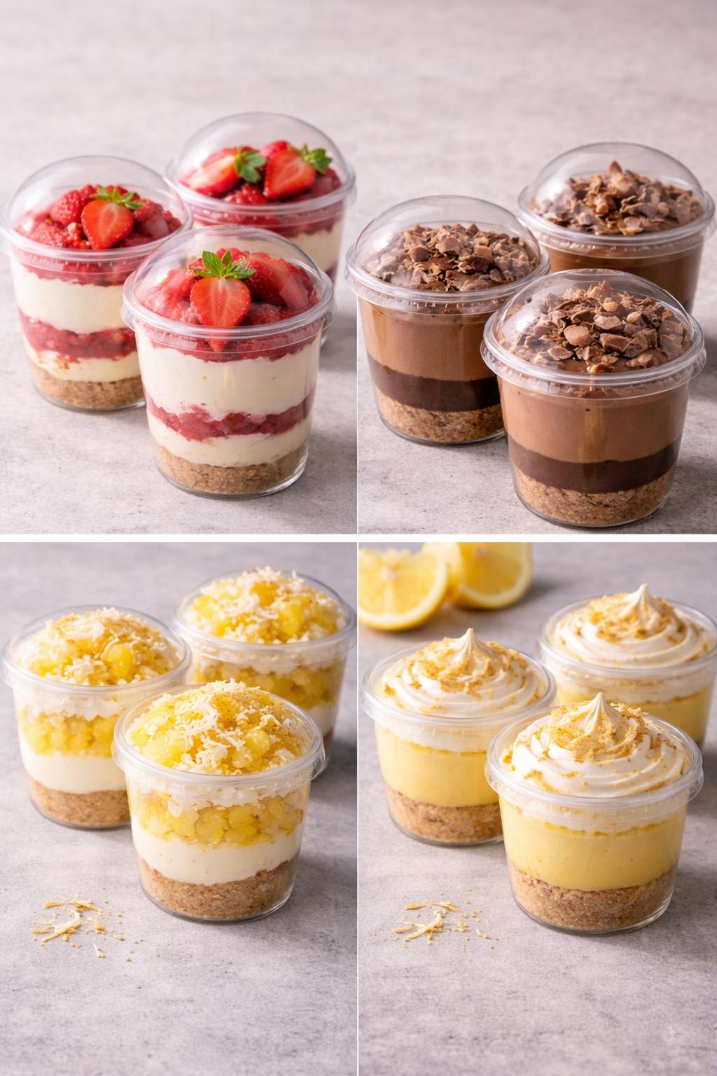 4 recetas de postres en vaso rinden para 12 vasitos individuales y te indico el tamaño ideal del domo: 7 oz (aprox. 200 ml), que es el más usado para postres en