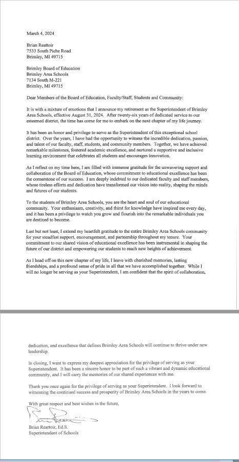 Letter from the Superintendent 3/19/24 - Brimley Area Schools | Facebook
