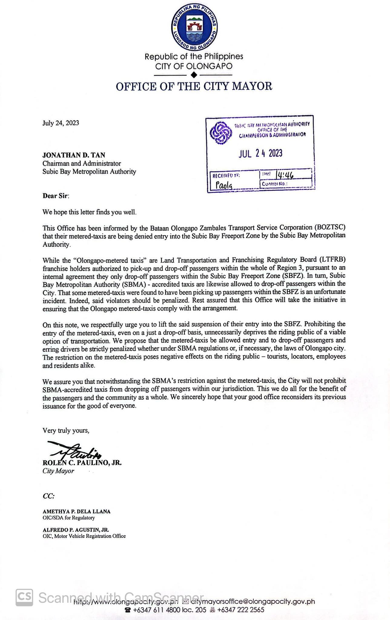 Atty. - Good afternoon, I have sent a formal letter to Subic Bay ...