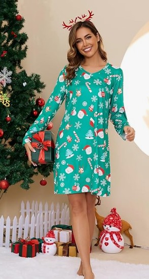 Women's Christmas Dress – Long Sleeve Funny Printed Holiday Nightgown, Loose V-Neck Xmas Costume Funny Printed Holiday Dress Long Sleeve
