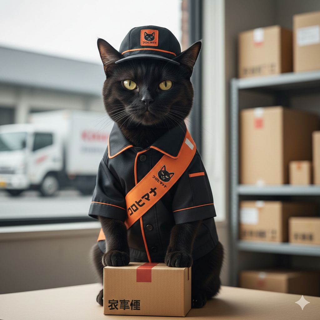 黒猫がクロネコヤマト宅急便の制服を着ている画像をAIで作成しました！