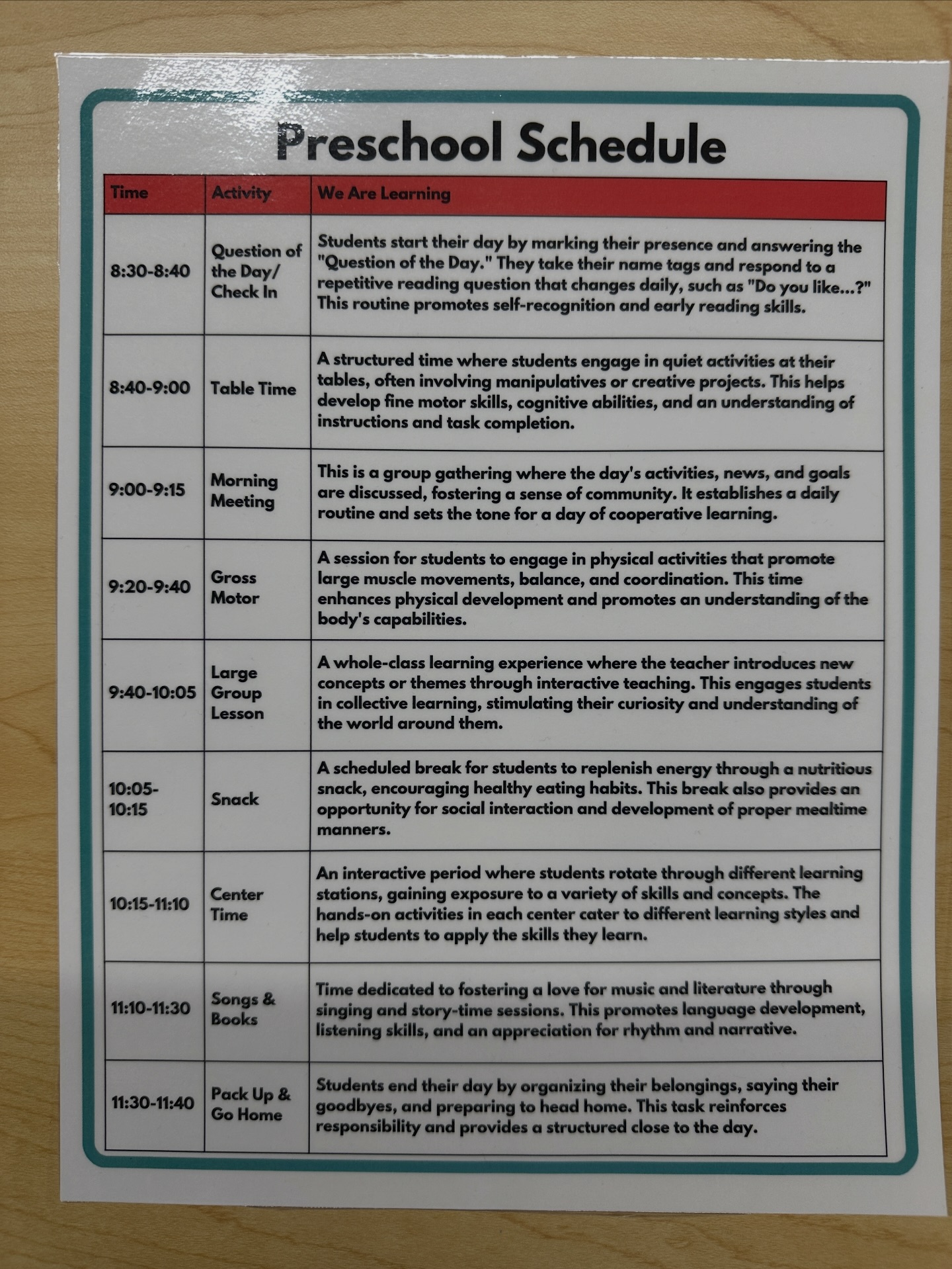 Preschool Daily Schedule Templates