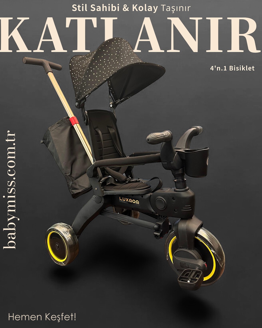 BABY MISS Toys & Kids - Taşınabilir 4'ü 1 Arada Katlanabilir İtmeli Üç ...