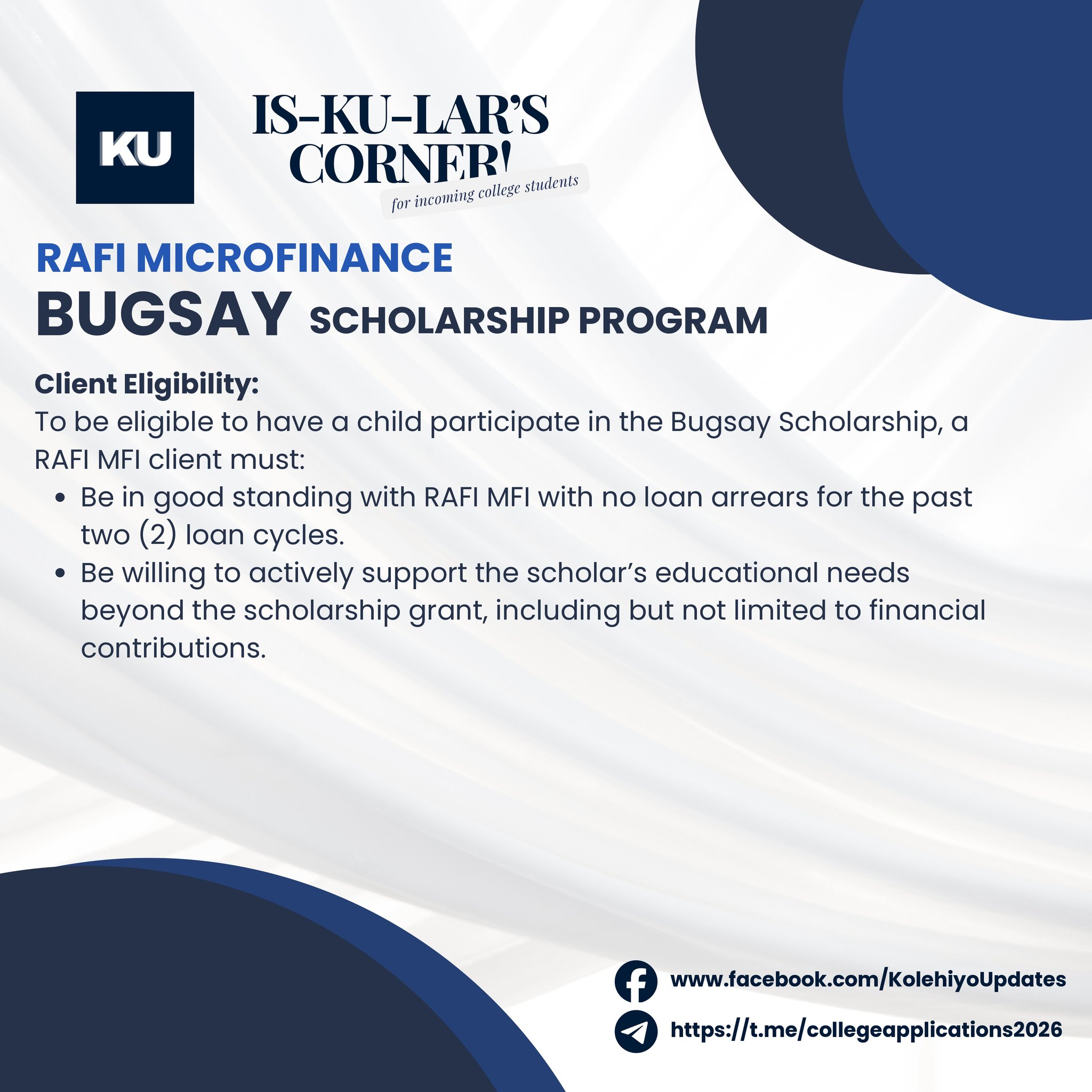 Kolehiyo - #IsKUlarsCorner | SCHOLARSHIP ALERT! ‼️📃 RAFI Microfinance ...