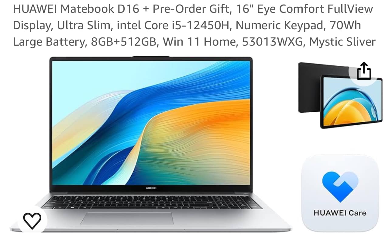 Huawei Matebook D16 RLEF-X Laptop – Core i5 2GHz 8GB 512GB Shared 