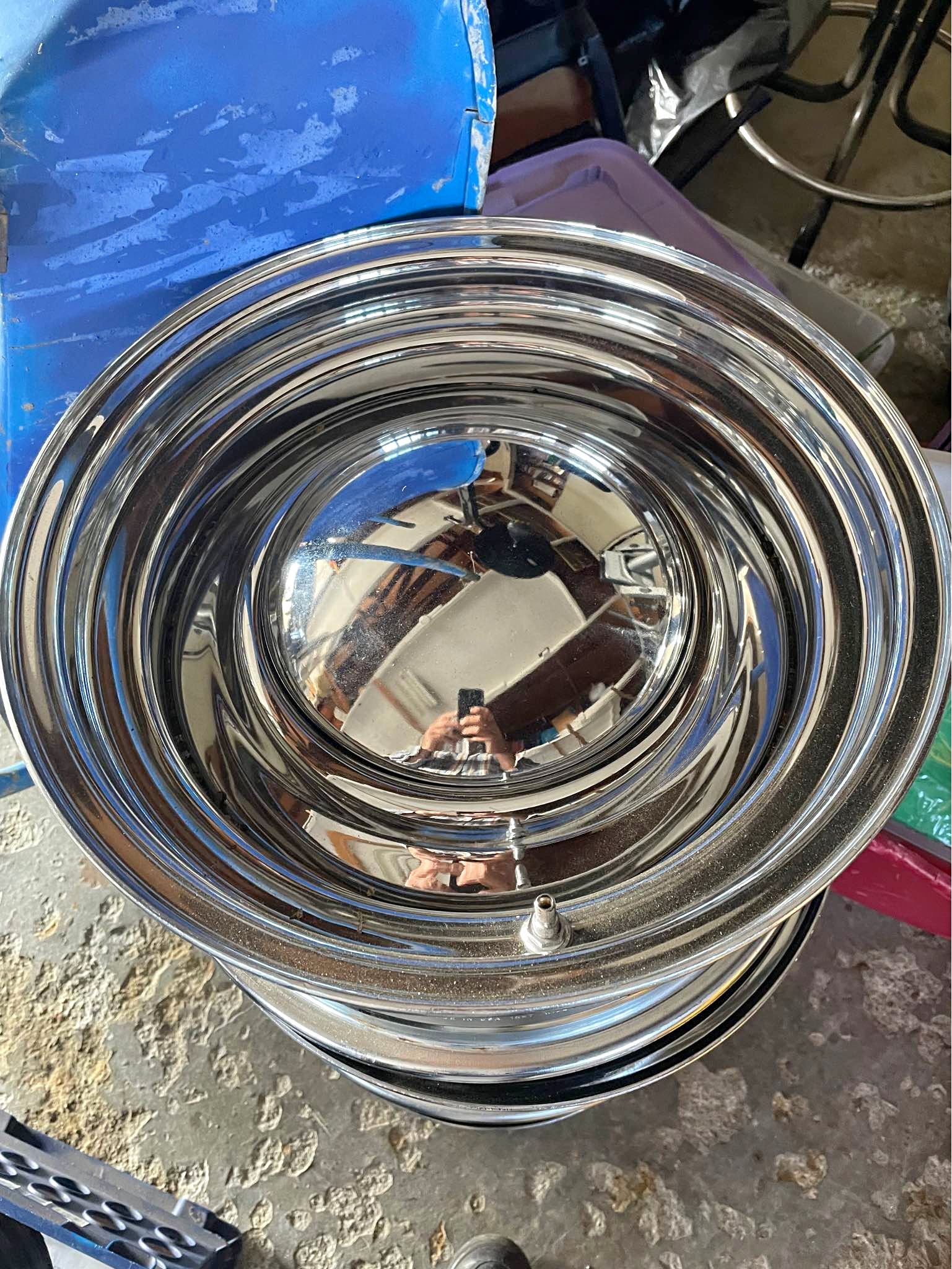 15 x 7 inch all chrome rims universal. Very clean. Baby moons steelies ...