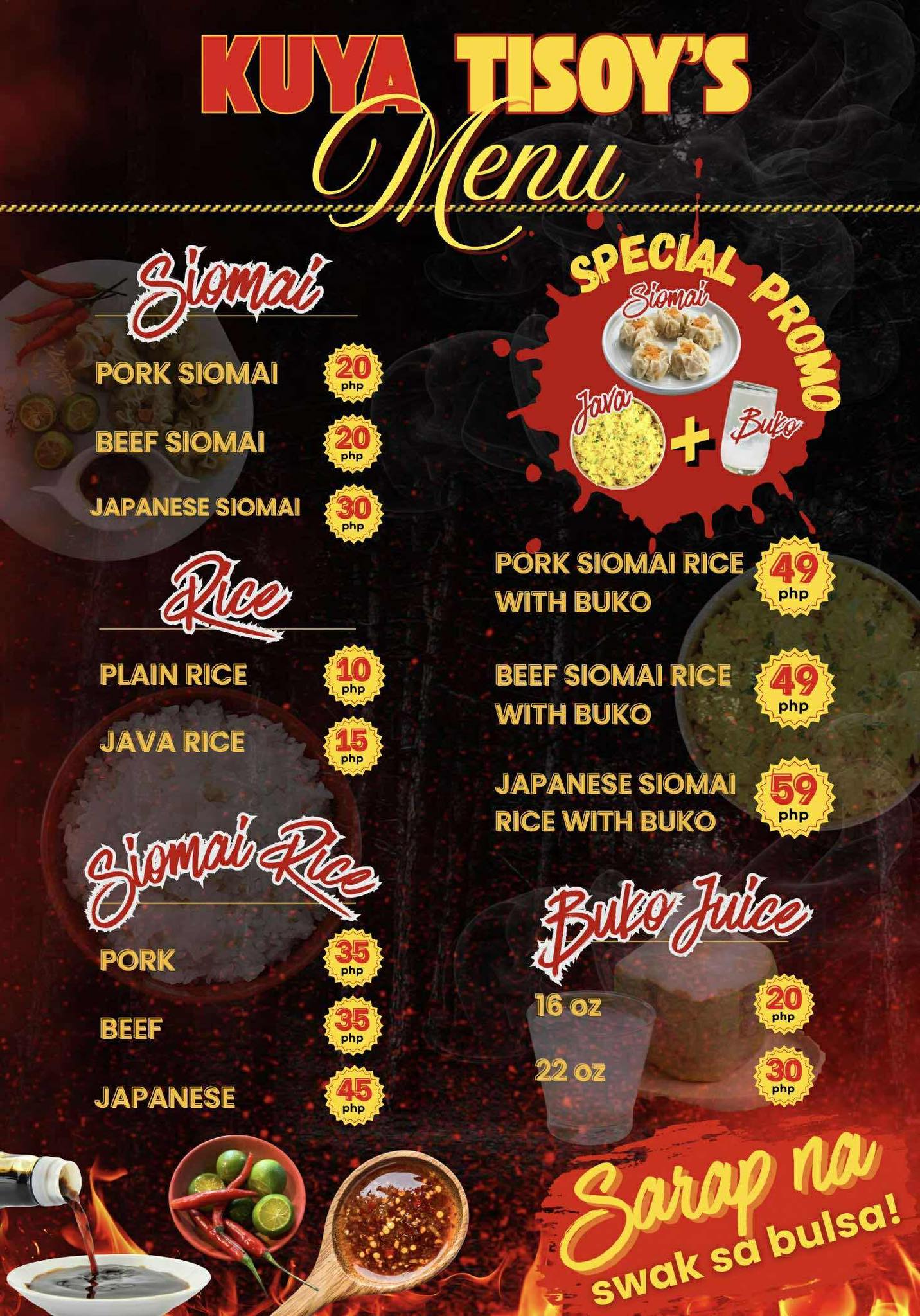 Kuya Tisoy’s Siomai. Java Rice. Buko | San Miguel