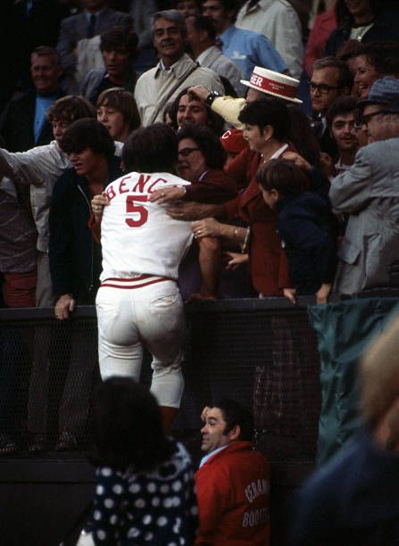Ohio - Cincinnati Reds catcher Johnny Bench (5) leaps into the stands ...