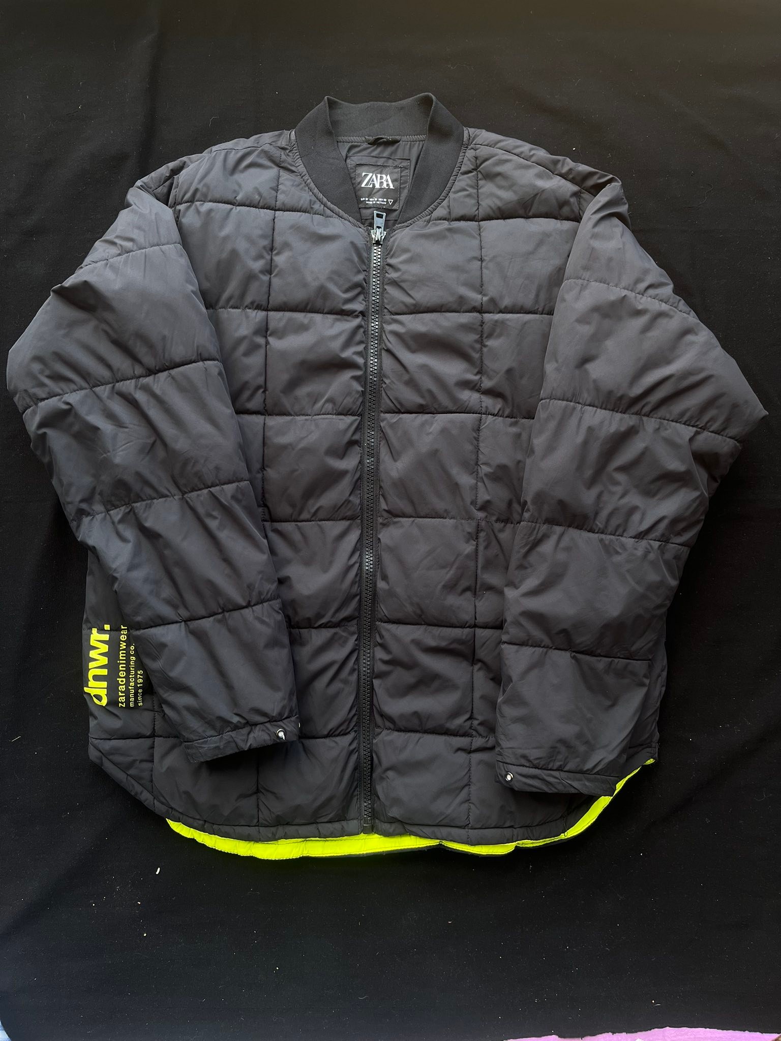 Zara water-repellent quilted bomber jacket in black with neon 