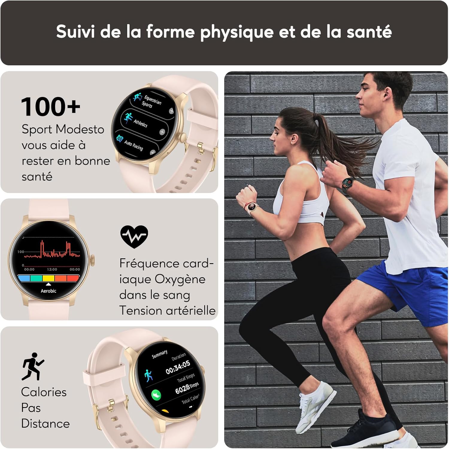 Montre Connectée AcclaFit 1,38" - Appels, 147 Modes Sport, Suivi Santé 24/7, Autonomie 15 Jours, Android/iOS