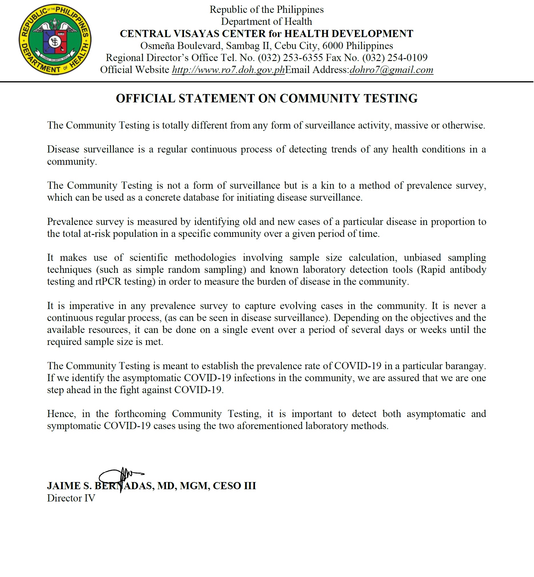 OFFICIAL STATEMENT. The Community Testing is totally different from any ...