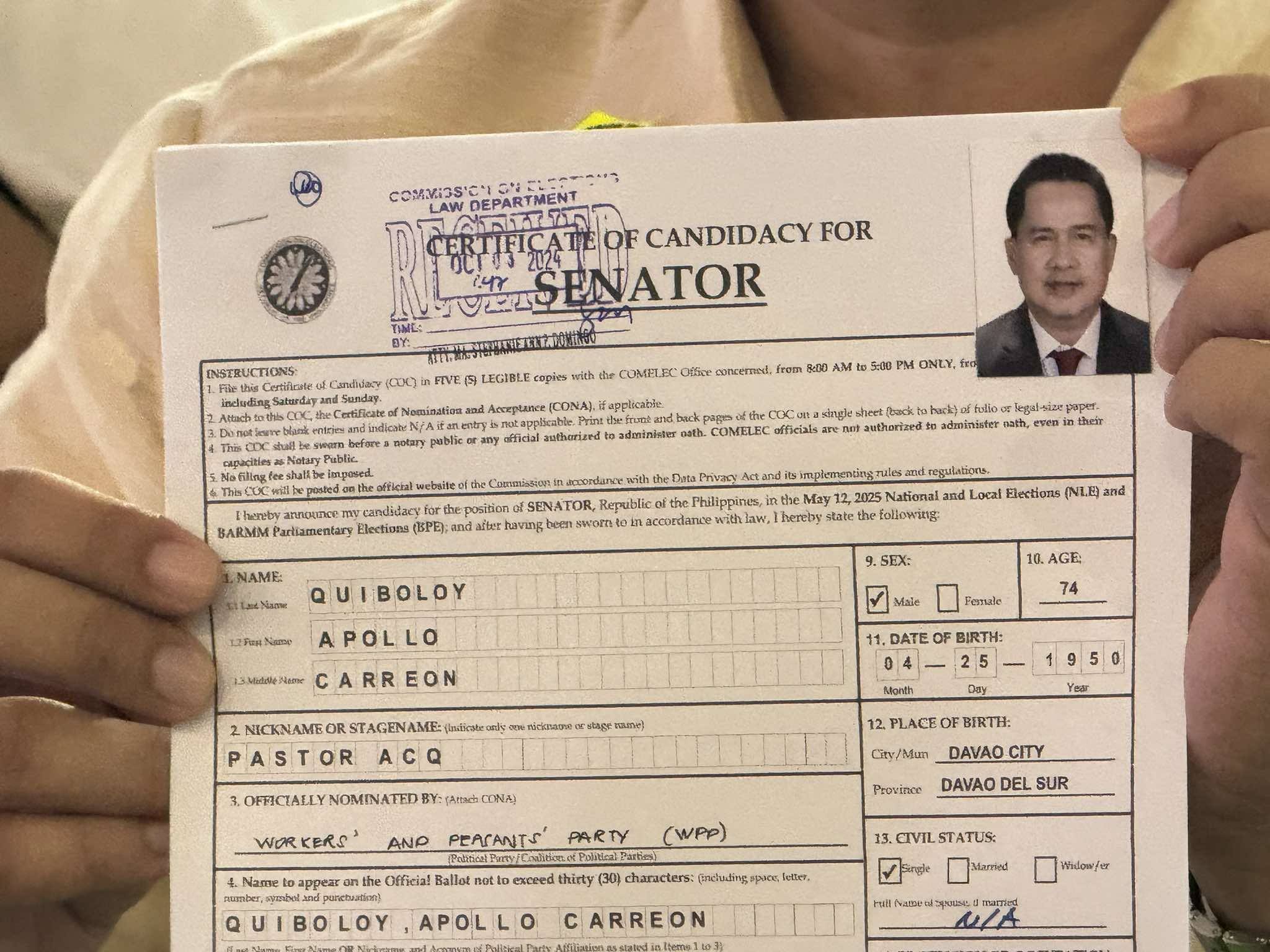 One - Naghain ng certificate of candidacy (COC) si Apollo Quiboloy para ...