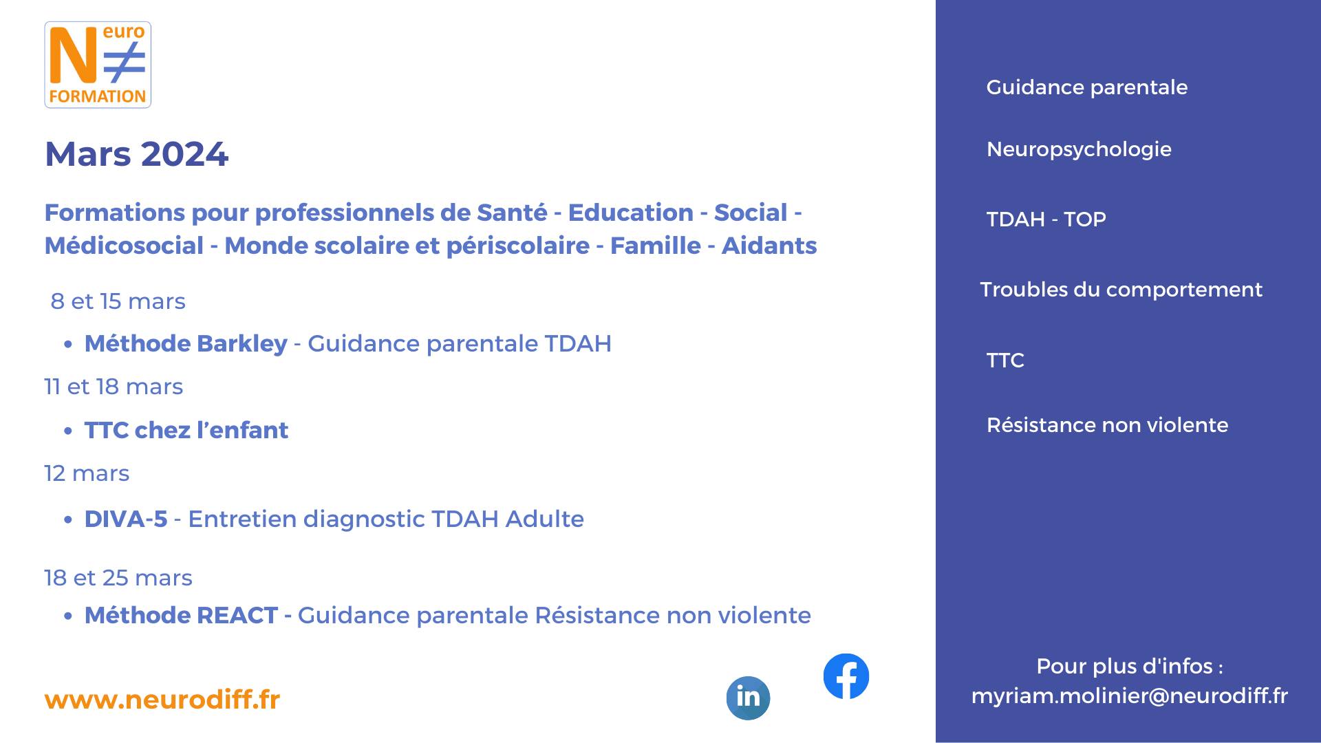 Neurodiff' - Les formations de mars 2024 * Méthode Barkley - Guidance ...