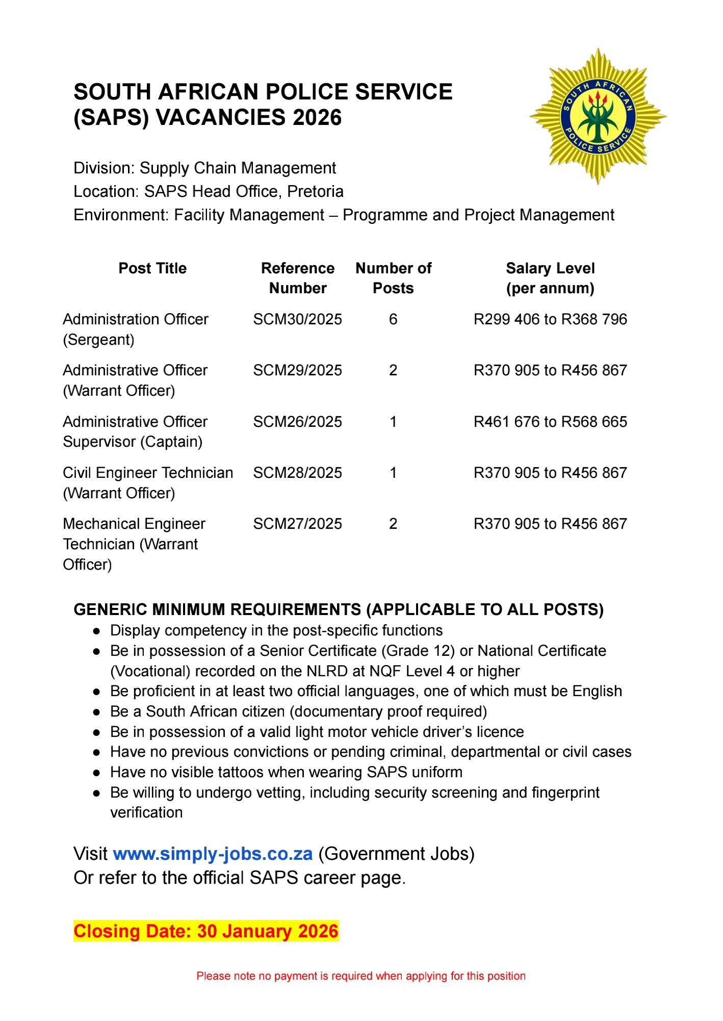 Careerbiz - SOUTH AFRICAN POLICE SERVICE (SAPS) VACANCIES 2026