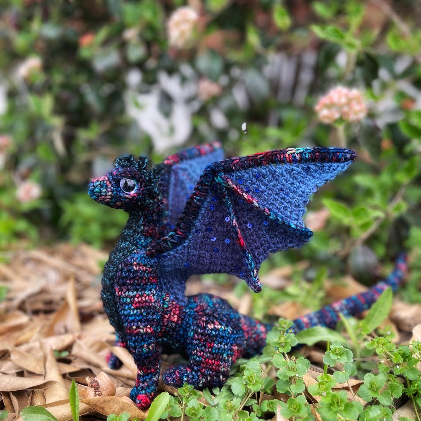 Crochet velveteen dragon made with Crafty Intentions patterns